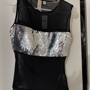 Anthropologie Black and Silver Sequin Fitted Tank Top